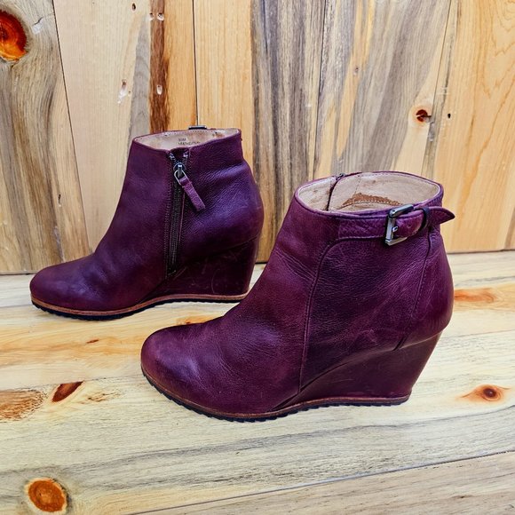 Biala Alaina Wedge Heel Wine Purple Leather Side Buckle Ankle Bootie - Picture 3 of 7